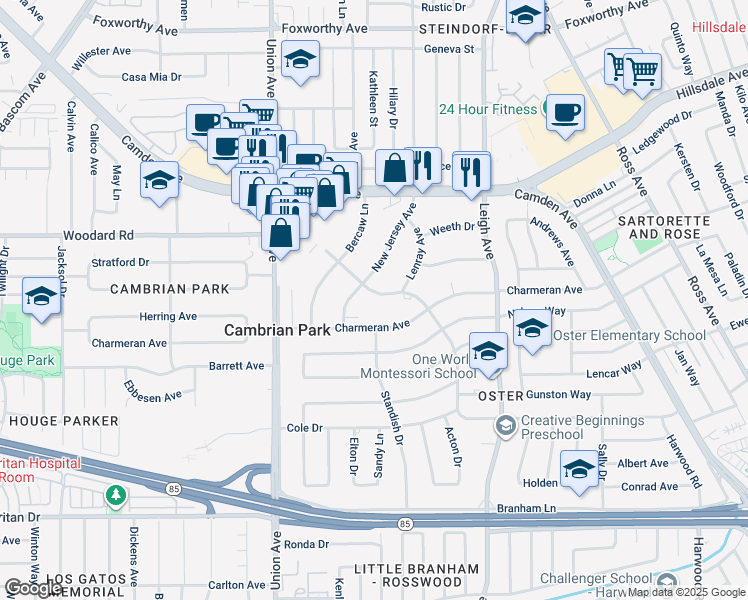 map of restaurants, bars, coffee shops, grocery stores, and more near 14770 Wyrick Avenue in San Jose