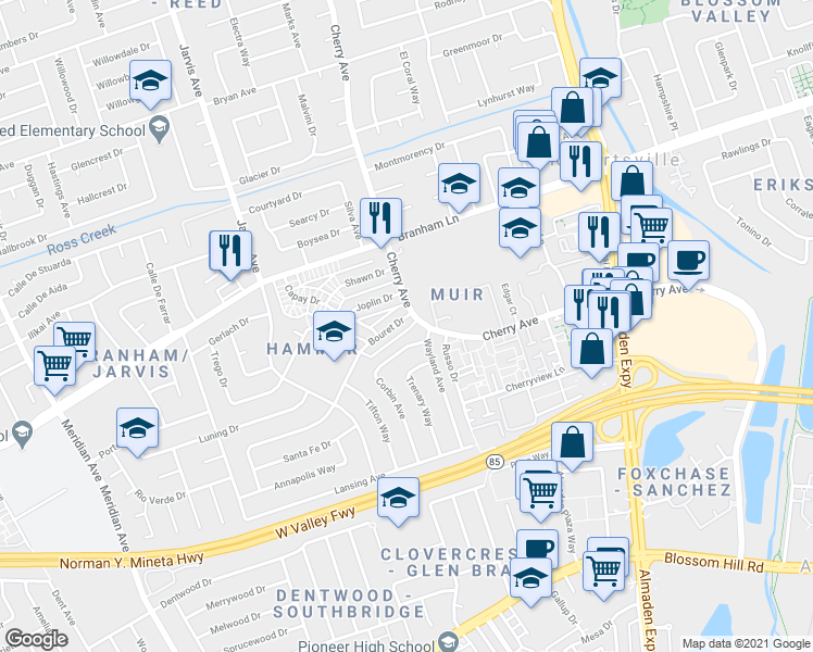 map of restaurants, bars, coffee shops, grocery stores, and more near 1264 Bouret Drive in San Jose