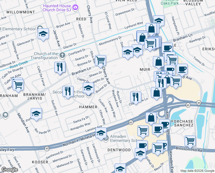 map of restaurants, bars, coffee shops, grocery stores, and more near 1264 Bouret Drive in San Jose