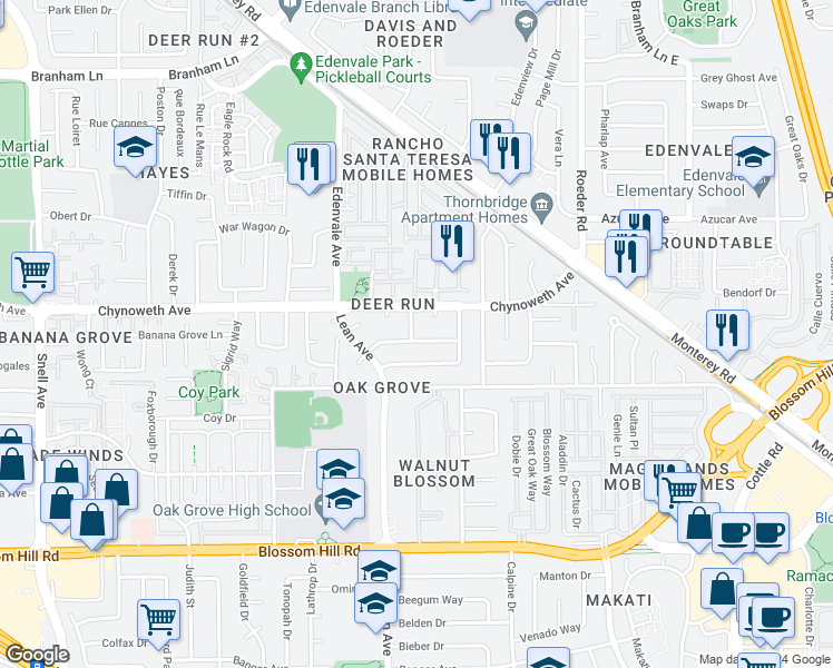 map of restaurants, bars, coffee shops, grocery stores, and more near 95 Cashew Blossom Drive in San Jose