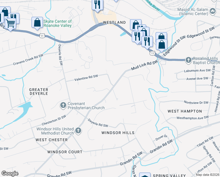 map of restaurants, bars, coffee shops, grocery stores, and more near 3333 Mudlick Road Southwest in Roanoke