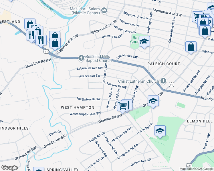 map of restaurants, bars, coffee shops, grocery stores, and more near 2516 Fairway Drive Southwest in Roanoke