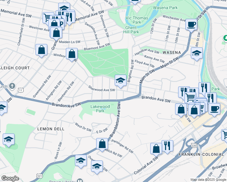 map of restaurants, bars, coffee shops, grocery stores, and more near 1244 Sherwood Avenue Southwest in Roanoke