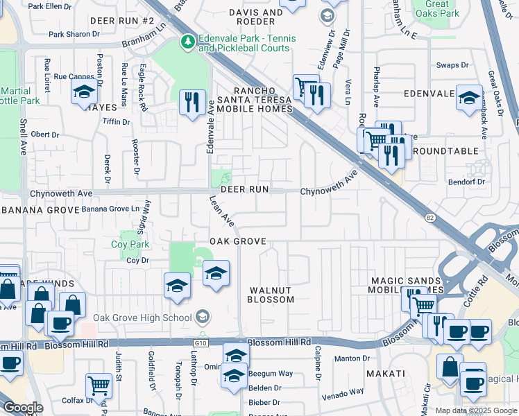 map of restaurants, bars, coffee shops, grocery stores, and more near 95 Cashew Blossom Drive in San Jose