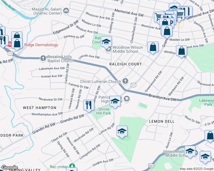 map of restaurants, bars, coffee shops, grocery stores, and more near 2114 Laburnum Avenue Southwest in Roanoke