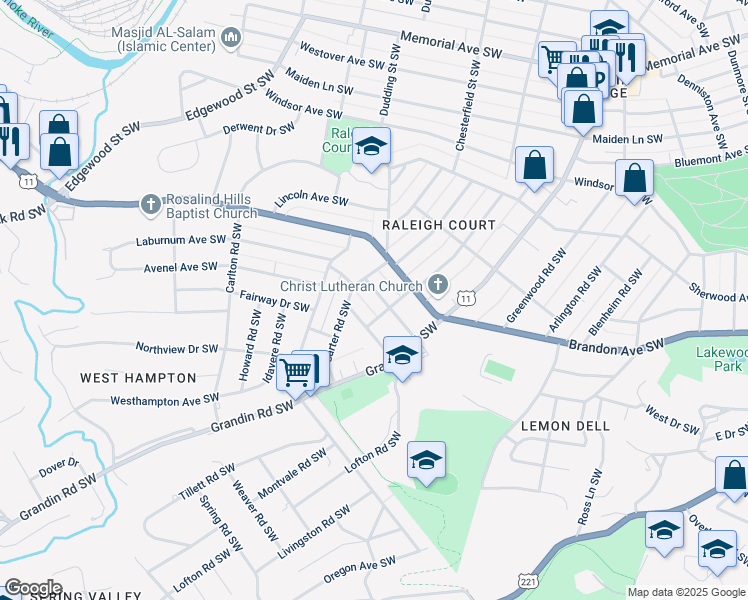 map of restaurants, bars, coffee shops, grocery stores, and more near 2114 Laburnum Avenue Southwest in Roanoke
