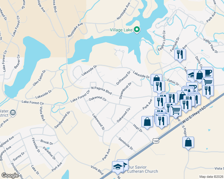 map of restaurants, bars, coffee shops, grocery stores, and more near 103 Driftwood Dr in Pagosa Springs