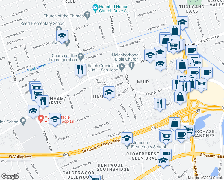 map of restaurants, bars, coffee shops, grocery stores, and more near 4783 Capay Drive in San Jose