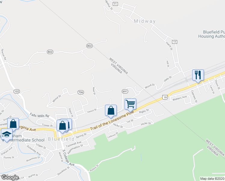 map of restaurants, bars, coffee shops, grocery stores, and more near 200 Crescent View in Bluefield