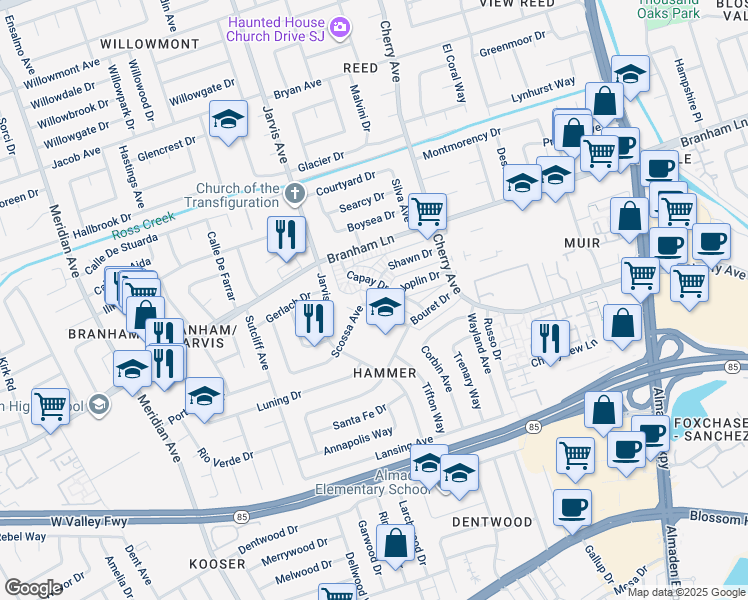 map of restaurants, bars, coffee shops, grocery stores, and more near 4699 Capay Drive in San Jose