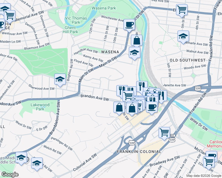 map of restaurants, bars, coffee shops, grocery stores, and more near 743 Suburban Avenue Southwest in Roanoke