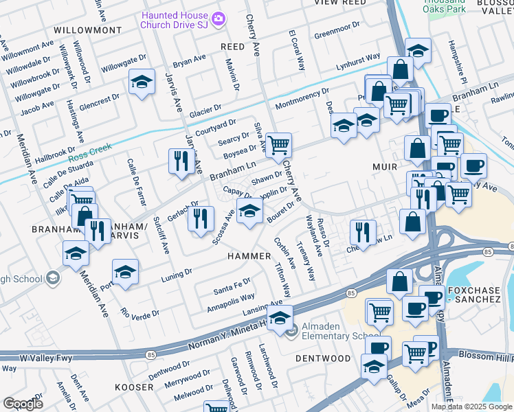 map of restaurants, bars, coffee shops, grocery stores, and more near 4783 Capay Drive in San Jose