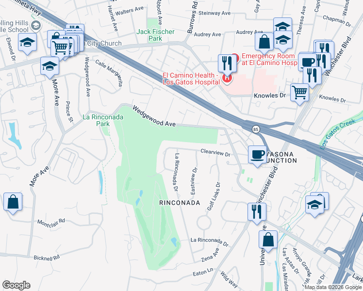 map of restaurants, bars, coffee shops, grocery stores, and more near 17361 Clearview Drive in Los Gatos