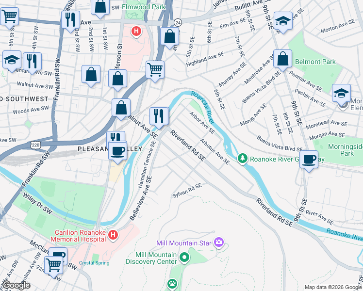map of restaurants, bars, coffee shops, grocery stores, and more near 445 Riverland Road Southeast in Roanoke