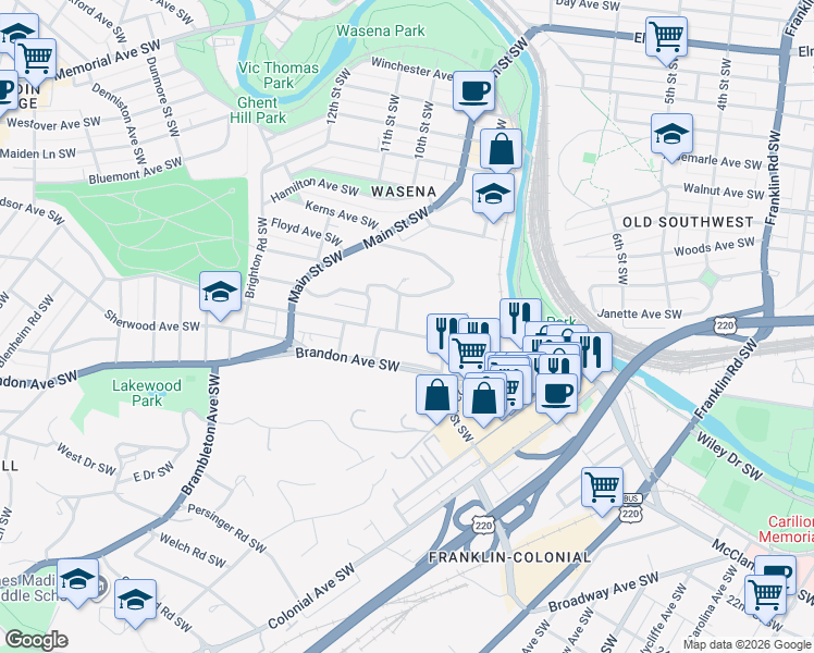 map of restaurants, bars, coffee shops, grocery stores, and more near 743 Suburban Avenue Southwest in Roanoke