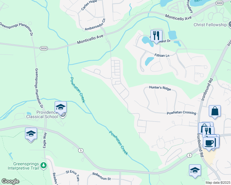 map of restaurants, bars, coffee shops, grocery stores, and more near 3626 South Square in Williamsburg