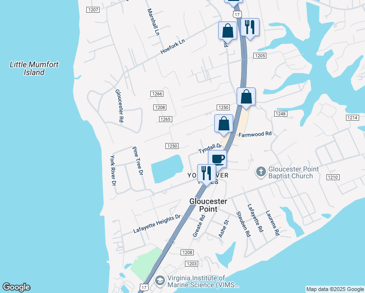 map of restaurants, bars, coffee shops, grocery stores, and more near 7534 Backcorner Drive in Gloucester Point