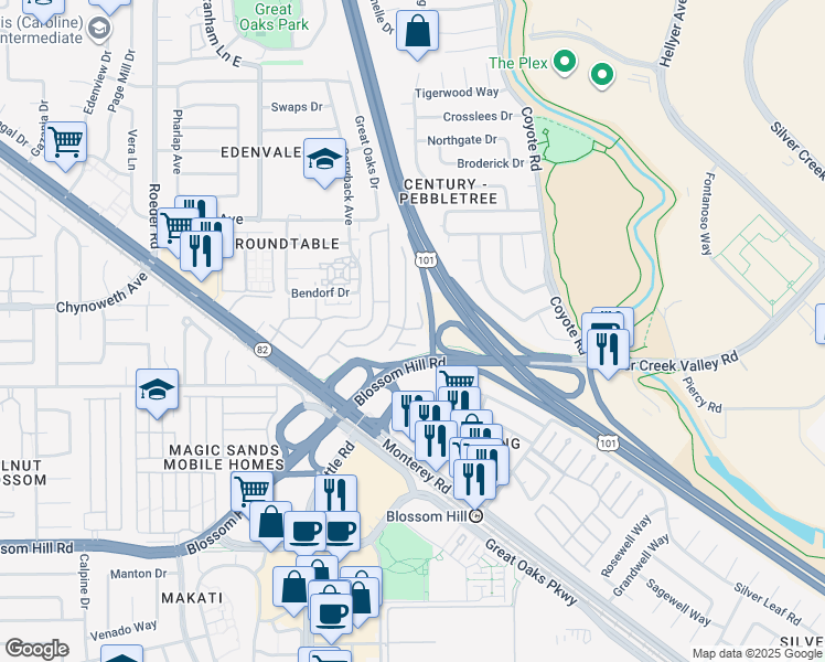 map of restaurants, bars, coffee shops, grocery stores, and more near 5450 Monterey Road in San Jose