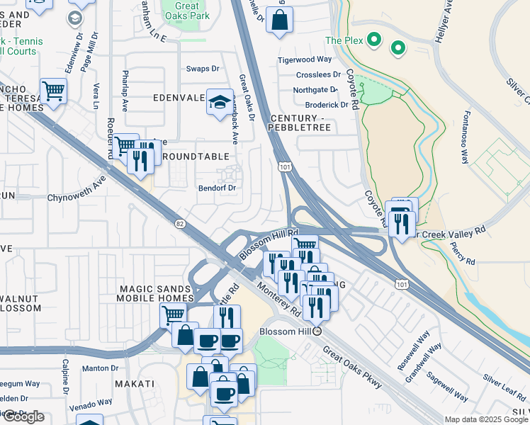 map of restaurants, bars, coffee shops, grocery stores, and more near 5450 Monterey Road in San Jose