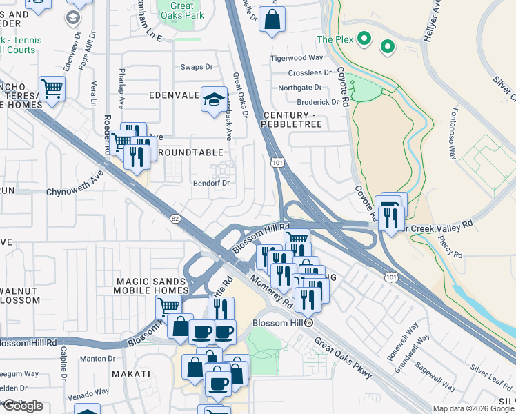 map of restaurants, bars, coffee shops, grocery stores, and more near 44 Calle Pintada in San Jose