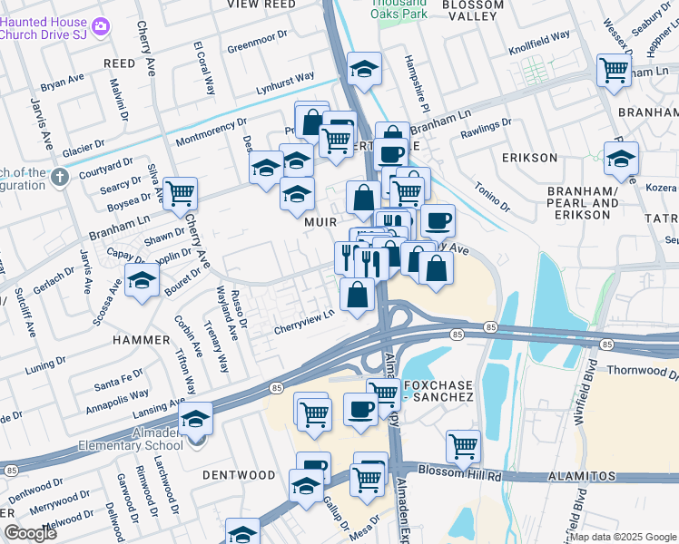 map of restaurants, bars, coffee shops, grocery stores, and more near 4501 Waterville Drive in San Jose