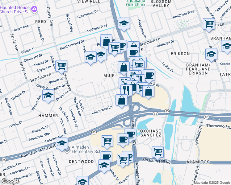 map of restaurants, bars, coffee shops, grocery stores, and more near 4501 Waterville Drive in San Jose