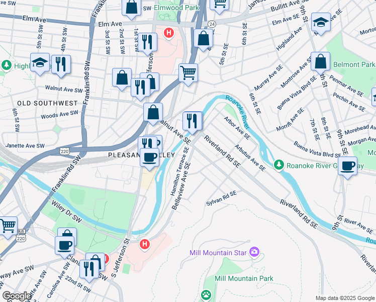 map of restaurants, bars, coffee shops, grocery stores, and more near 1214 Hamilton Terrace Southeast in Roanoke