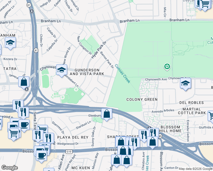 map of restaurants, bars, coffee shops, grocery stores, and more near 5175 Barron Park Drive in San Jose