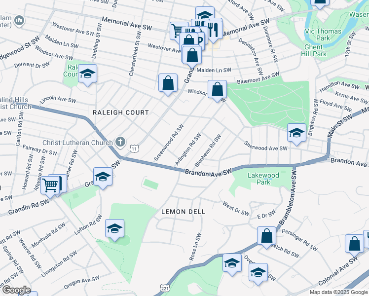map of restaurants, bars, coffee shops, grocery stores, and more near 1873 Arlington Road Southwest in Roanoke