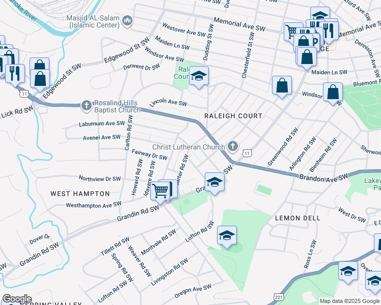 map of restaurants, bars, coffee shops, grocery stores, and more near 2120 Carter Road Southwest in Roanoke