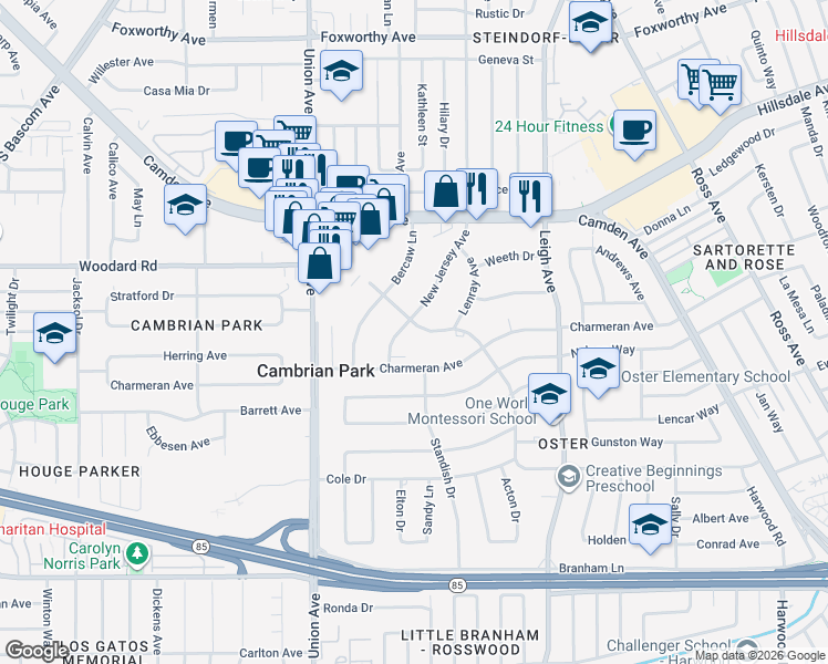 map of restaurants, bars, coffee shops, grocery stores, and more near 14464 New Jersey Avenue in San Jose
