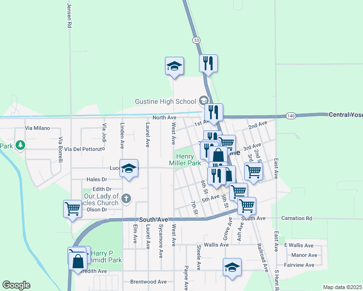 map of restaurants, bars, coffee shops, grocery stores, and more near 143 West Avenue in Gustine