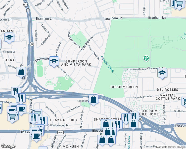 map of restaurants, bars, coffee shops, grocery stores, and more near 5175 Barron Park Drive in San Jose