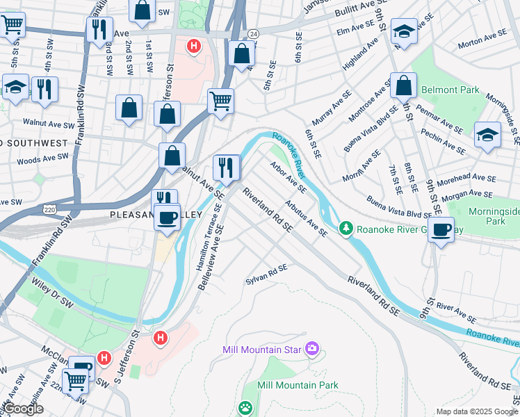map of restaurants, bars, coffee shops, grocery stores, and more near 452 Riverland Road Southeast in Roanoke