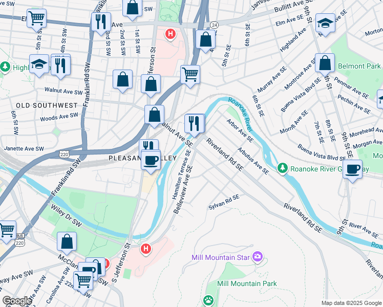 map of restaurants, bars, coffee shops, grocery stores, and more near 1204 Hamilton Terrace Southeast in Roanoke