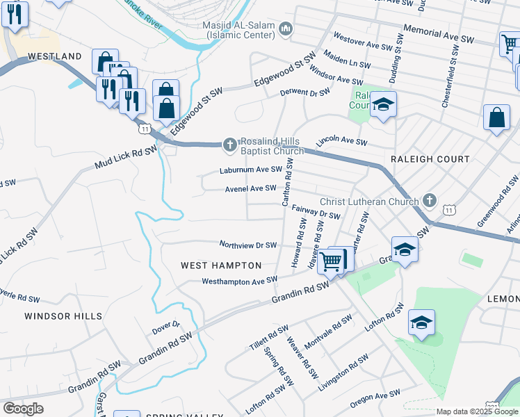 map of restaurants, bars, coffee shops, grocery stores, and more near 2636 Fairway Drive Southwest in Roanoke