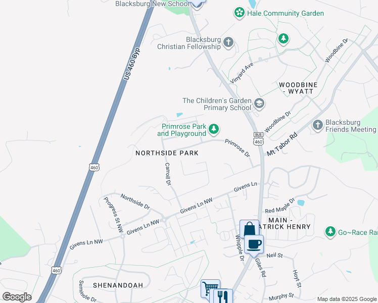 map of restaurants, bars, coffee shops, grocery stores, and more near 205 Primrose Drive in Blacksburg