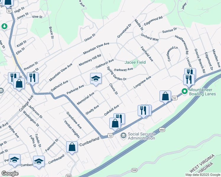 map of restaurants, bars, coffee shops, grocery stores, and more near 504 Memorial Avenue in Bluefield
