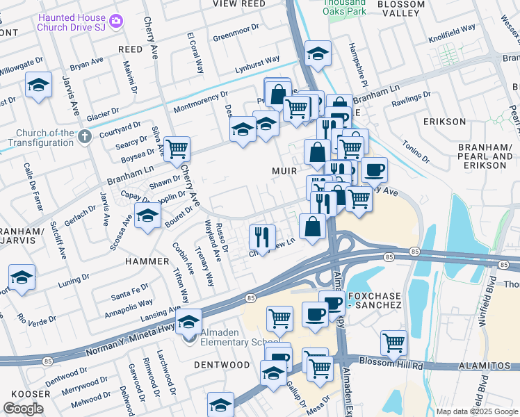 map of restaurants, bars, coffee shops, grocery stores, and more near 4983 Edgar Court in San Jose
