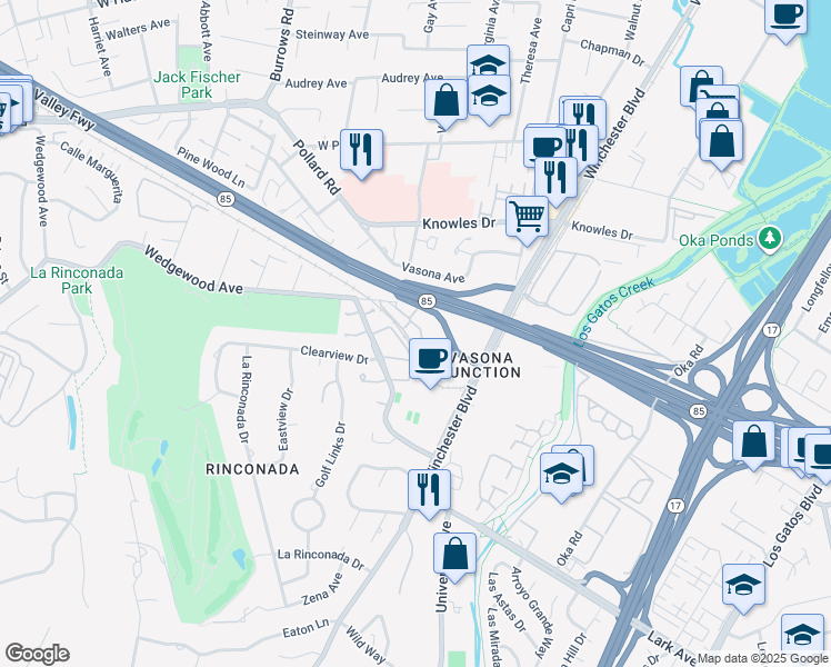 map of restaurants, bars, coffee shops, grocery stores, and more near 207 Palmer Drive in Los Gatos
