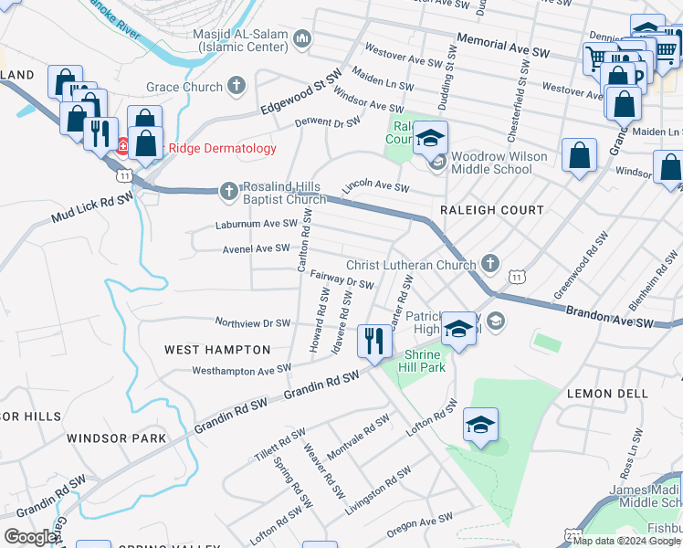 map of restaurants, bars, coffee shops, grocery stores, and more near 2411 Fairway Drive Southwest in Roanoke