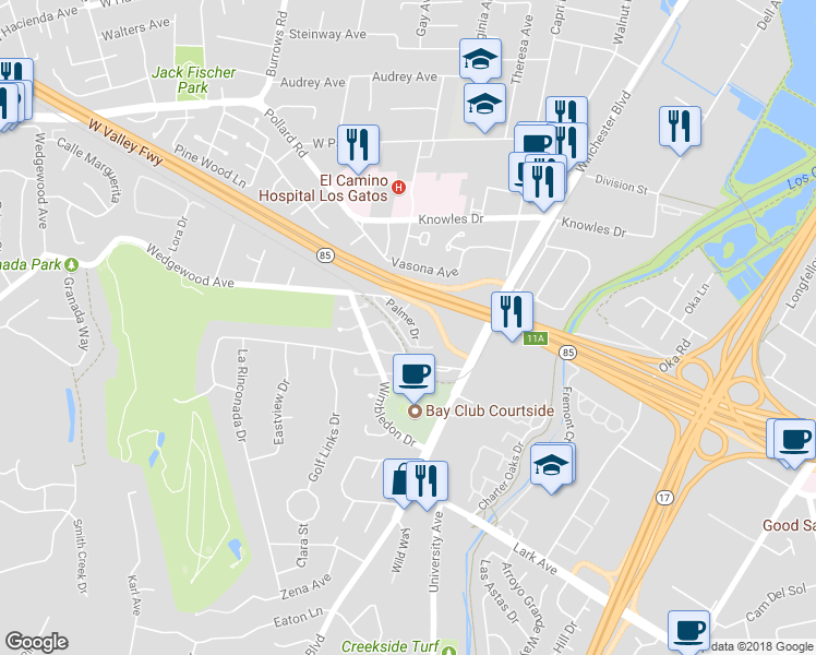 map of restaurants, bars, coffee shops, grocery stores, and more near 207 Palmer Drive in Los Gatos