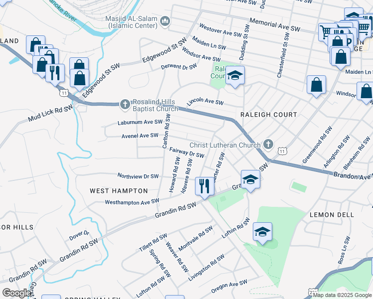 map of restaurants, bars, coffee shops, grocery stores, and more near 2411 Fairway Drive Southwest in Roanoke