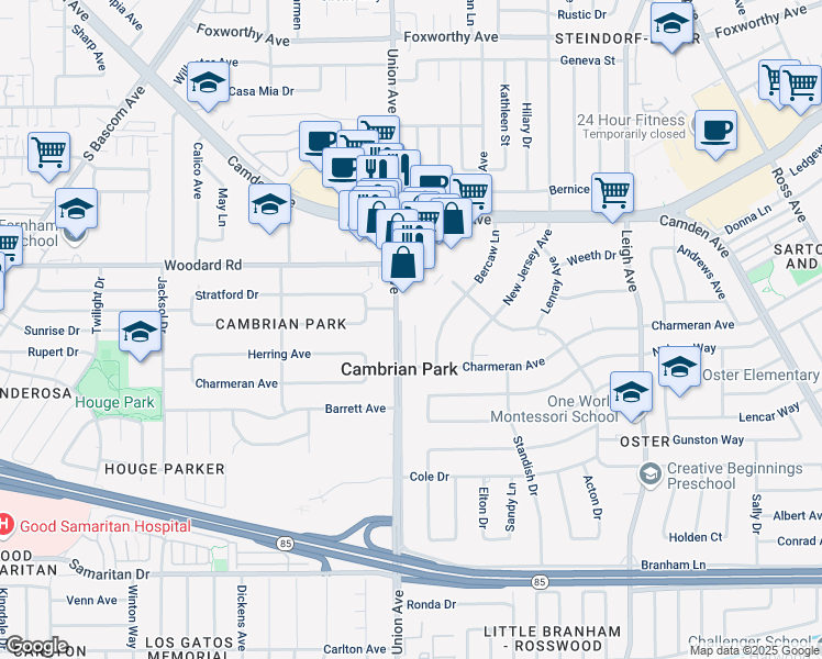 map of restaurants, bars, coffee shops, grocery stores, and more near 14478 Union Avenue in San Jose