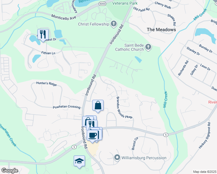 map of restaurants, bars, coffee shops, grocery stores, and more near 3601 Bradinton in Williamsburg
