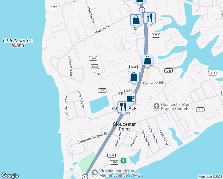 map of restaurants, bars, coffee shops, grocery stores, and more near 7534 Backcorner Drive in Gloucester Point