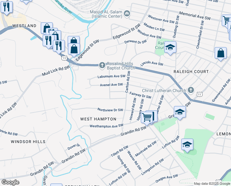 map of restaurants, bars, coffee shops, grocery stores, and more near 2636 Fairway Drive Southwest in Roanoke
