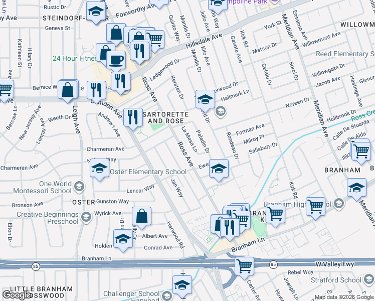 map of restaurants, bars, coffee shops, grocery stores, and more near 3993 La Mesa Lane in San Jose