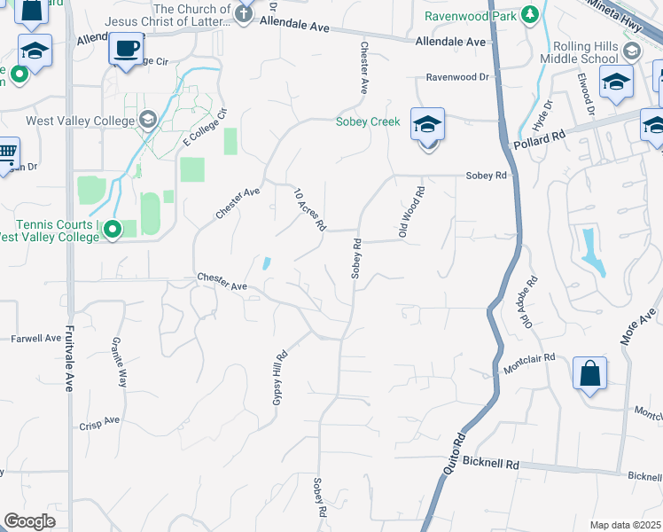 map of restaurants, bars, coffee shops, grocery stores, and more near 14467 Sobey Road in Saratoga