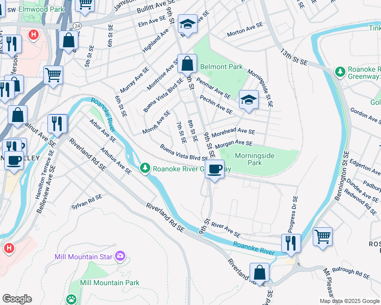 map of restaurants, bars, coffee shops, grocery stores, and more near 1628 7th Street Southeast in Roanoke